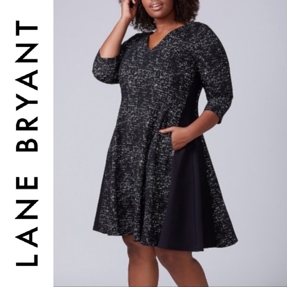 LANE BRYANT 3/4 Sleeve Black White Fit & Flare V-Neck Holiday Career Dress 14/16